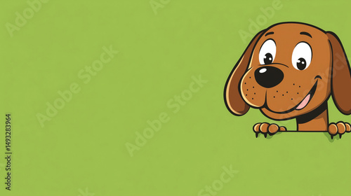 Happy cartoon dog peeking over a green background