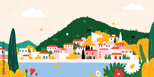 A charming village nestled at the base of a lush green mountain overlooking a tranquil turquoise sea, filled with flowers and vibrant colors.  