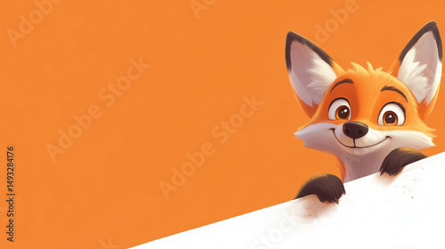 Cute cartoon fox peeking over a white surface with vibrant orange background