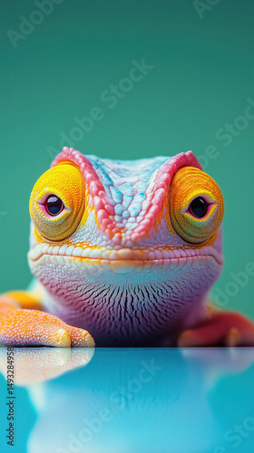 Brightly colored chameleon with large eyes perched on a turquoise surface