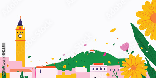 A picturesque cartoon illustration captures a quaint European town nestled at the foot of a vibrant, verdant mountain, adorned with charming buildings, a prominent clock tower.