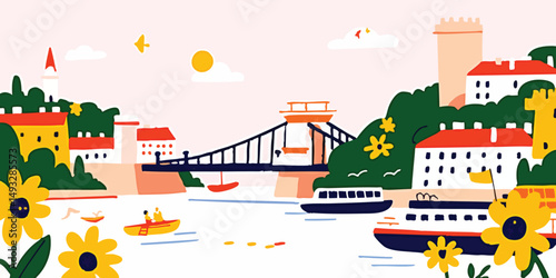 A vibrant illustration portrays a picturesque waterfront scene, where charming buildings, lush greenery, and a majestic bridge converge, offering a colorful depiction of a cultural landscape.