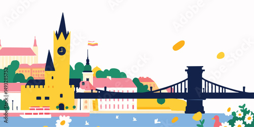 An artistic and eye-catching illustration captures a vibrant cityscape adorned with iconic architecture, and landmarks. The colorful scene is rendered in a creative art style.
