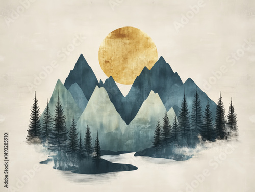 Beautiful mountain landscape with golden sun and evergreen trees