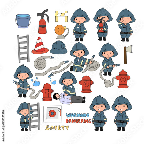 Set of coloring book for preschool kids. fire fighter cartoon character with element stock design. line, cartoon, flat design, 