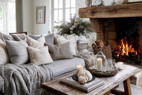 Cozy living room with a crackling fireplace and soft furnishings.