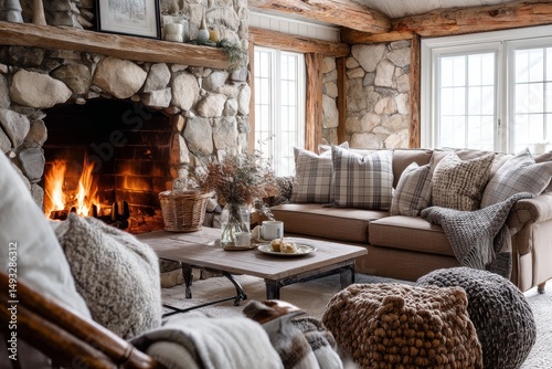 Cozy living room with a crackling fireplace and soft furnishings.