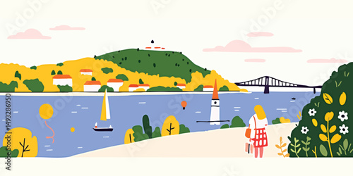 A woman strolls along a scenic waterfront path, enjoying a peaceful vista of a picturesque European town on a sunny day.