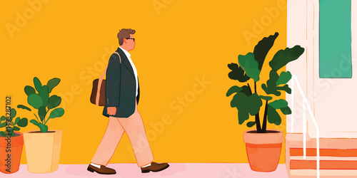 A man strolls confidently, briefcase in hand, along a vibrant yellow wall, framed by lush potted plants, showcasing urban style and a relaxed stride.