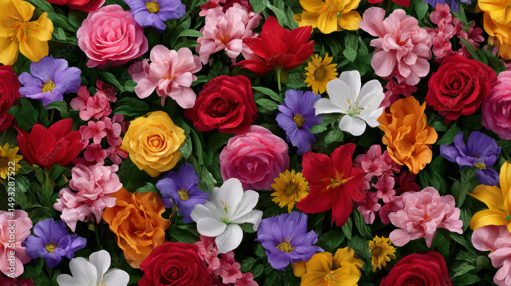 Fototapeta premium A vibrant and captivating tapestry of colorful flowers, including roses, lilies, and daisies, creates a stunning and cheerful floral arrangement background design.