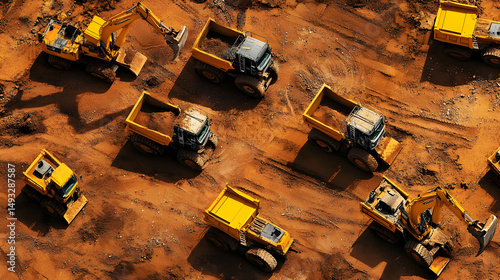 Aerial View of Yellow Dump Trucks and Excavators on Construction Site