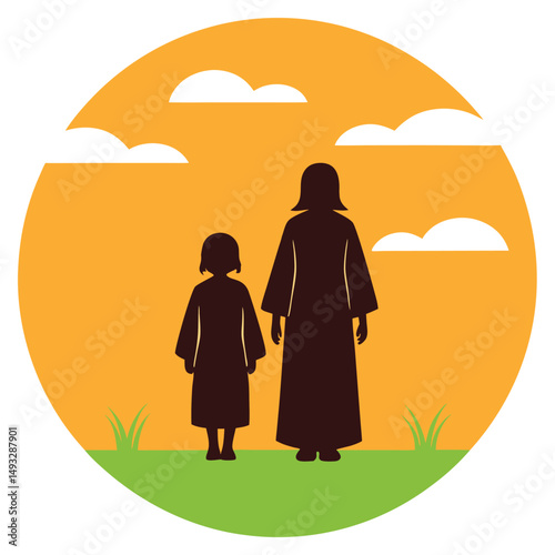 Mother and Child Silhouette Walking at Sunset vector Illustration.