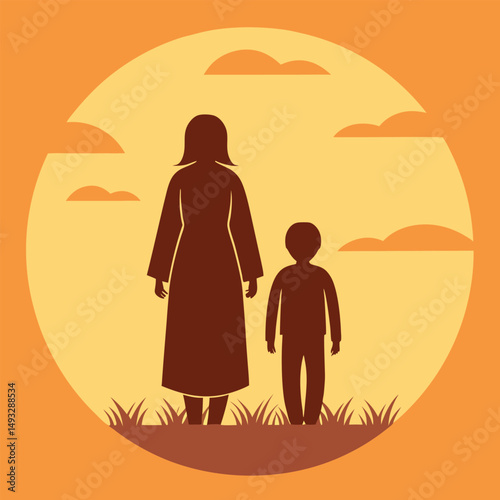 Mother and Child Silhouette Walking at Sunset vector Illustration.