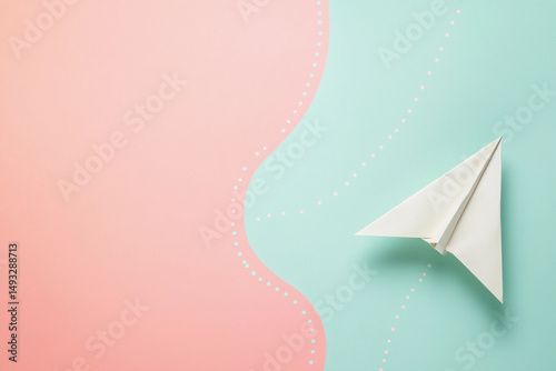 Paper airplane soaring across pastel backgrounds of pink and teal, symbolizing creativity and playful childhood memories in a minimalist design