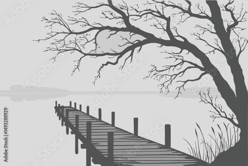  atmospheric, serene, monochrome, moody, wooden dock, vanishing point, calm water, minimal, peaceful, tranquil, solitude, ominous, dreamlike, cinematic, surreal, stark, desolate, haunting