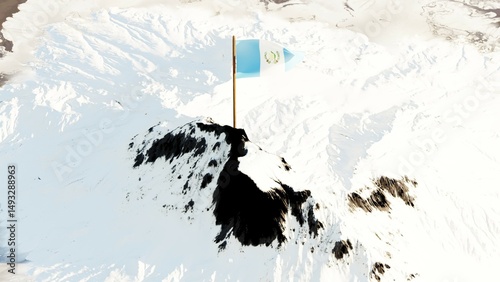 3D rendering of the Guatemala national flag featuring two sky blue vertical stripes with a white center displaying the national coat of arms, fluttering atop a snow-covered mountain peak.


