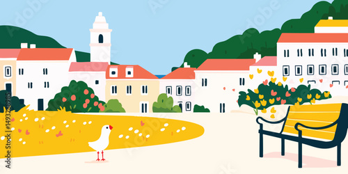 A charming illustration of a quaint European town nestled amidst a picturesque landscape, featuring colorful buildings, lush greenery, and a serene atmosphere. 