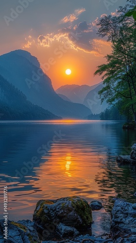 Serene Sunset over Mountain Lake Breathtaking Nature Photography