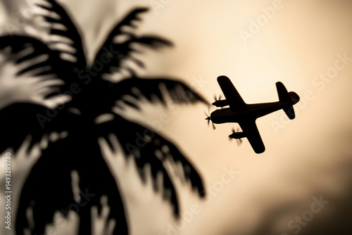 Silhouette of an airplane flying over a palm tree against a golden sunset sky in a tropical location