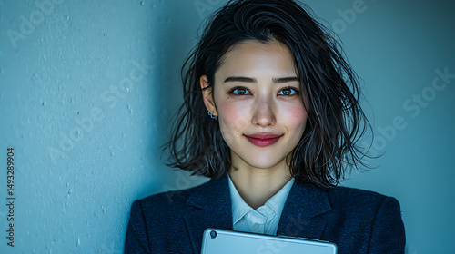 Confident Young Asian Businesswoman Holding Tablet Against Gradient Background – Professional Corporate Portrait for Technology, Business, and Modern Marketing Use