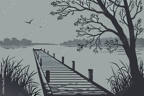  atmospheric, serene, monochrome, moody, wooden dock, vanishing point, calm water, minimal, peaceful, tranquil, solitude, ominous, dreamlike, cinematic, surreal, stark, desolate, haunting