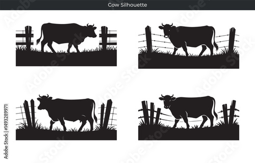 Vector illustration of cow silhouettes grazing in pastures beside farm fences