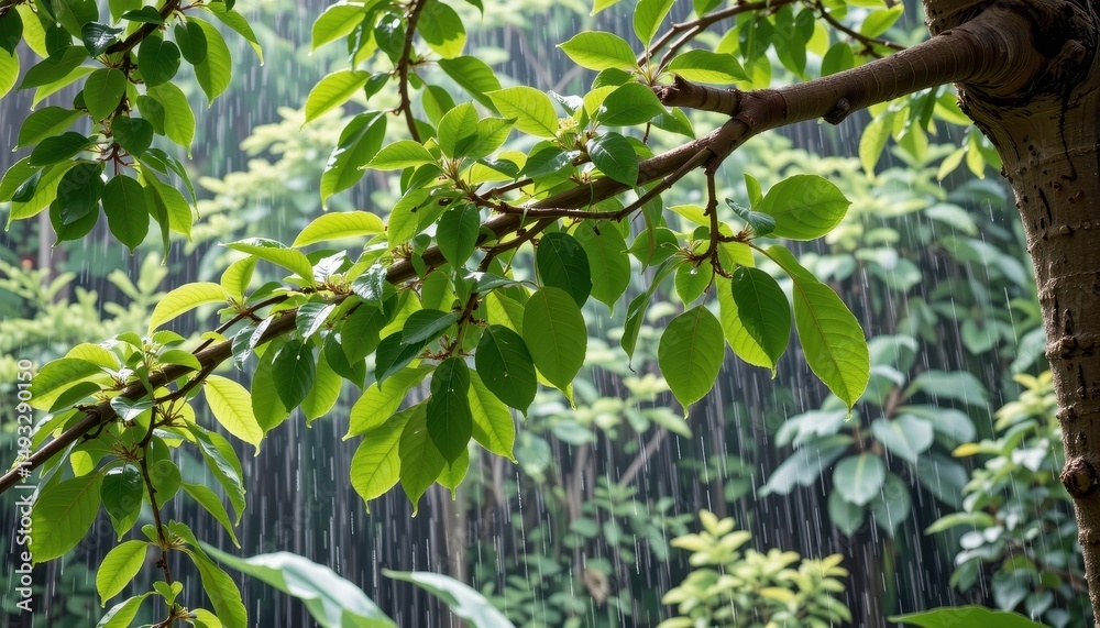 a verdant canopy of fresh green leaves, heavy with the rain's gentle kiss, clung to a robust branch in a lush rainforest during the season of abundance. a verdant canopy of fresh green leaves, heavy with the rain's gentle kiss, clung to a robust branch in a lush rainforest during the season of abundance.