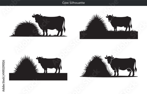 Black silhouette illustrations of cows grazing near hay bales on a white background