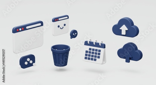 Floating Digital Icons: Browser, Cloud, Calendar, Trash, Cookie, UI Elements, 3D Render.
