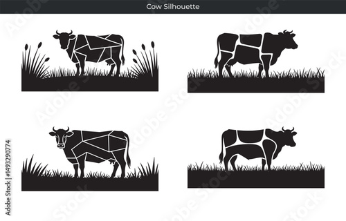 Four detailed black silhouette cow designs depicting various geometric and natural renderings