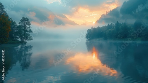 Misty Sunrise Lake Landscape Serene Reflection of Golden Hour