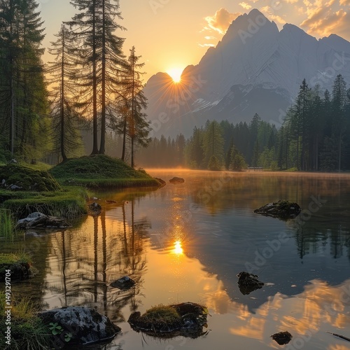 Majestic Sunrise Over Serene Mountain Lake Breathtaking Nature Photography