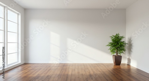 Bright Minimalist Room Interior Design Sunlight Streaming Through Large Window, Hardwood Floors, and Simple Plant Decor