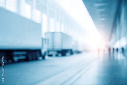 bright minimalistic image captures steady movement of freight logistics blurred silhouettes of people in background