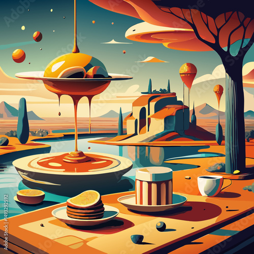 A surreal landscape with pancakes, coffee, and floating architecture