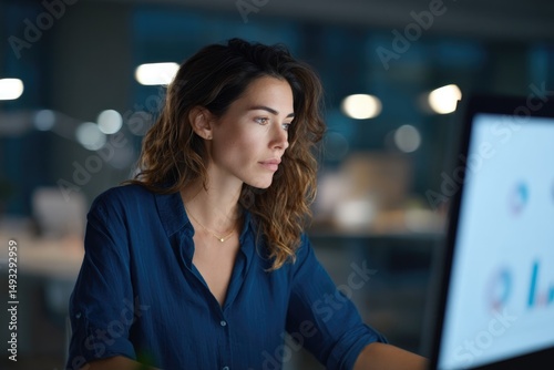 focused project manager working diligently at modern desk with minimalistic decor scouring charts and graphs