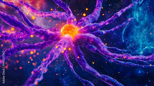 Colorful Artistic Illustration of a Glowing Neuron in a Futuristic Neural Network with Electric Synapses in Deep Space
