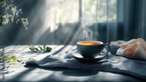 Serene morning scene with steaming cup of tea on a textured table, soft sunlight filtering through