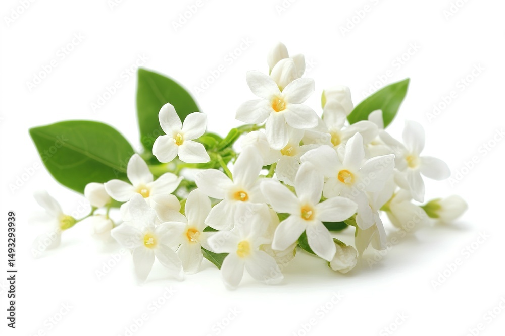 Obraz premium A bunch of small white jasmine flowers with star-shaped petals, isolated on a white background