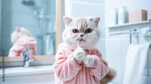 Cute cat in pink pajamas brushing teeth with toothbrush standing in bathroom near sink. Cat in bathroom. Hygiene concept, dentistry