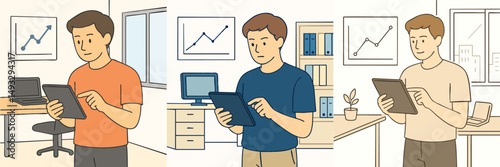 Collection of young men checking data on tablet in office space (wearing casual t-shirt and pants) vector flat design style