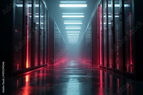 Futuristic data center with rows of servers and blinking lights.