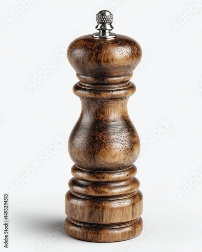 Dark brown wooden pepper grinder with a sleek silver top. This elegant kitchen tool adds a touch of rustic charm.
