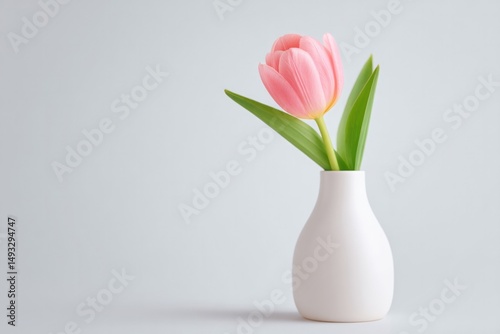 minimalistic photo of single tulip in vase on white background