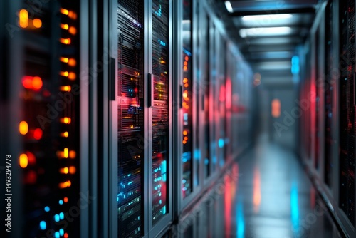 Futuristic data center with rows of servers and blinking lights.