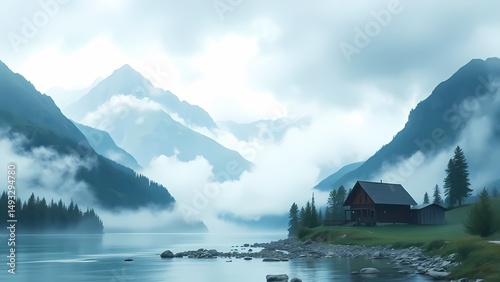 A serene watercolor background shows misty mountains near a cabin by a tranquil river.