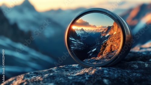 Scenic mountain landscape reflected in a camera lens at sunset, highlighting nature's beauty