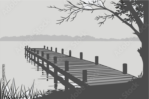  atmospheric, serene, monochrome, moody, wooden dock, vanishing point, calm water, minimal, peaceful, tranquil, solitude, ominous, dreamlike, cinematic, surreal, stark, desolate, haunting