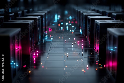 Futuristic data center with rows of servers and blinking lights.