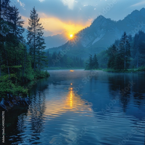 Serene Sunset Over Mountain Lake A Breathtaking Nature Photography